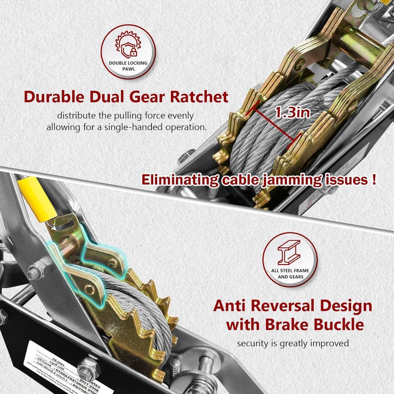 FITHOIST Come Along Winch 2T,Pulling Capacity 12 FT Steel Cable 2 Hooks,Heavy Duty Come Along Tool with Dual Gears,Heavy Duty Hoist Cable Puller for Vehicle Rescue - Image 4